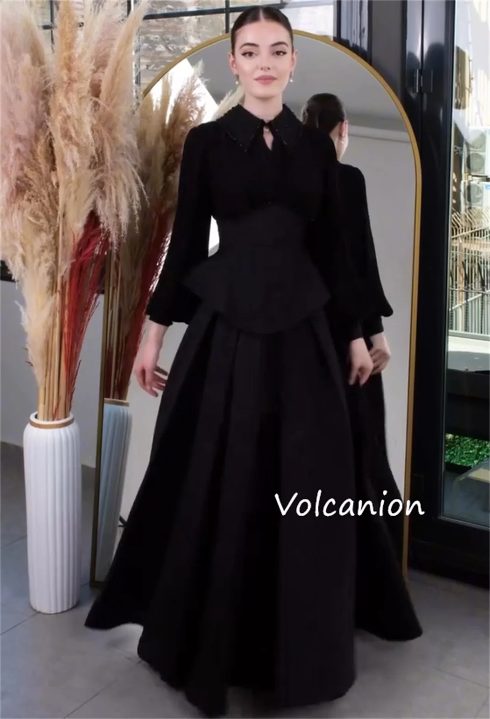 Customized Pastrol Pleat Sequined A-line High Collar Long Dresses Bespoke Occasion High Quality Simple
