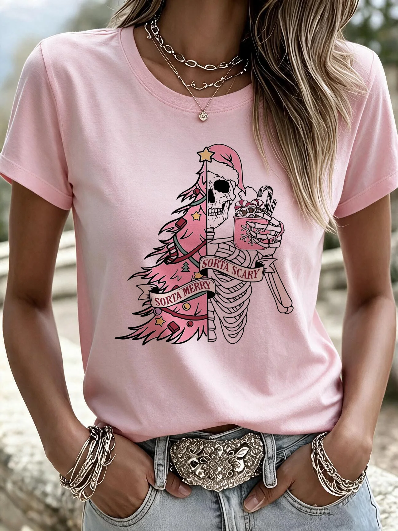 Women's Classic Round Neck Short Sleeve Tops Christmas Cartoon Skeleton Santa Hat Gift Box Snowflake Print T Shirt Clothes Y2k