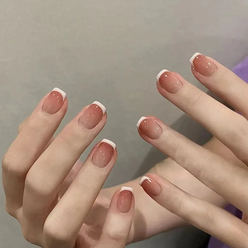 

30pcs Short Coffin Press-On Nails - Terracotta French Ombré With White Outline Minimalist Luxe Design (Multi-Size Fit)