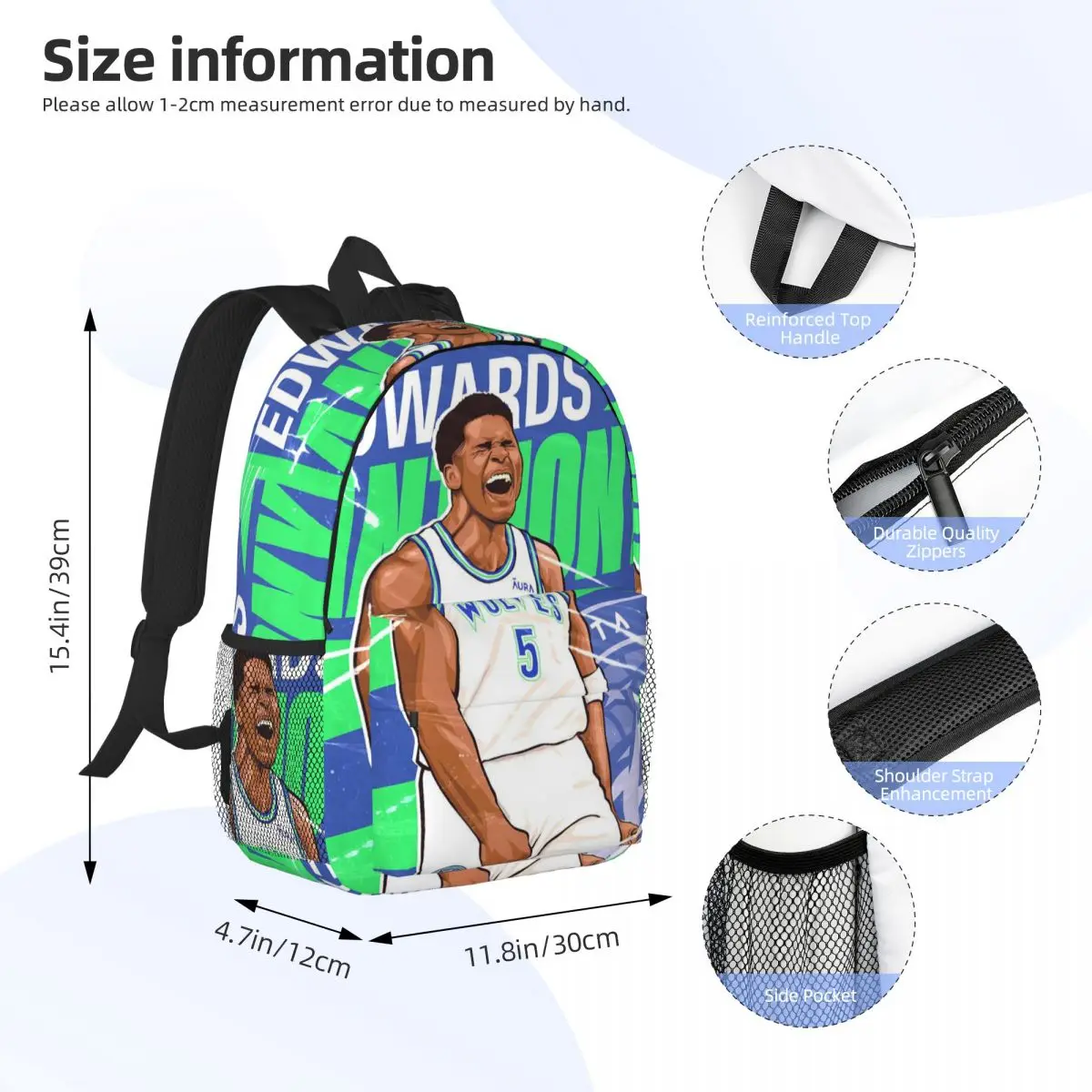 Anthony Edwards Timberwolves Illustration Artwork Backpack Student BookBag School Bag Laptop Shoulder Bags for Boys Girls