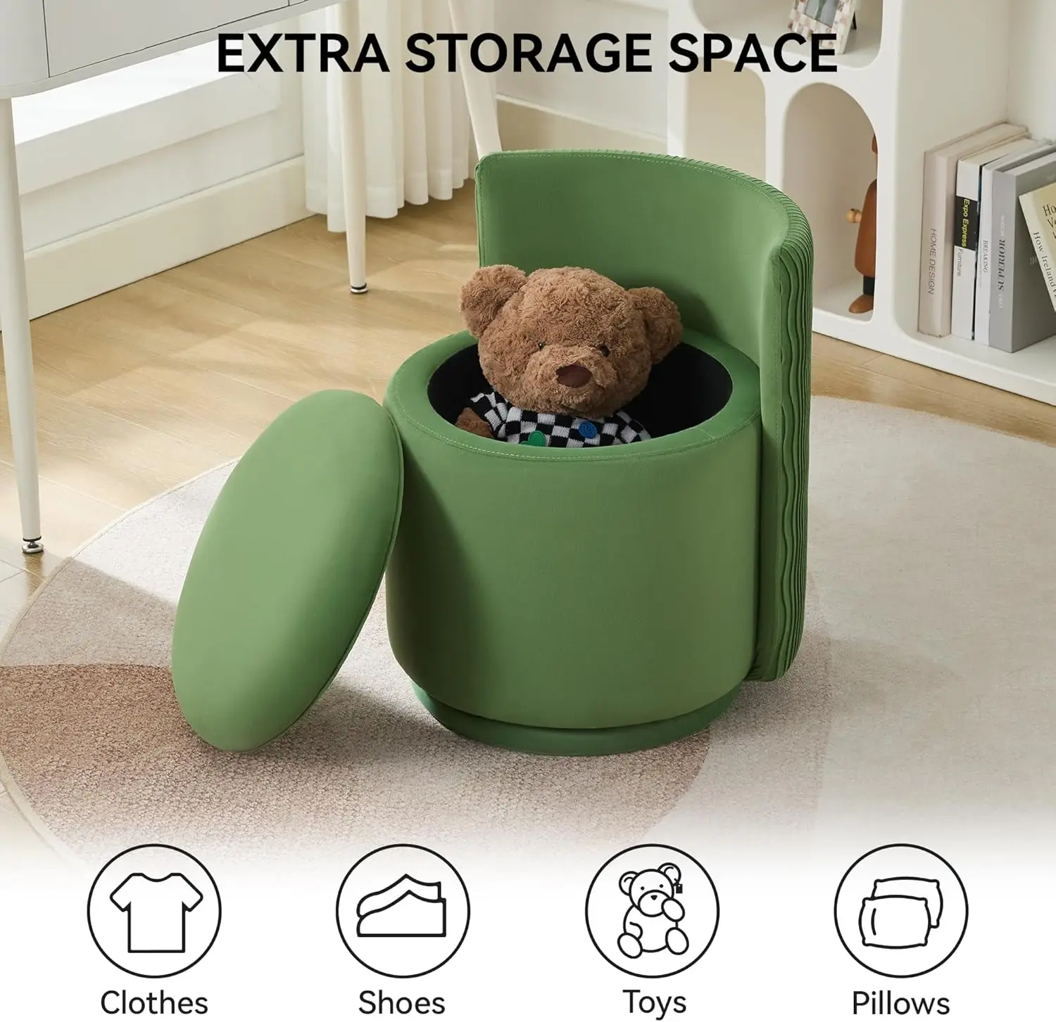 수납공간이 있는 벨벳 화장대 의자, 360 °   회전식, 웨이브 백, 녹색, 조립 불필요, 침실 또는 거실용 소형 스툴