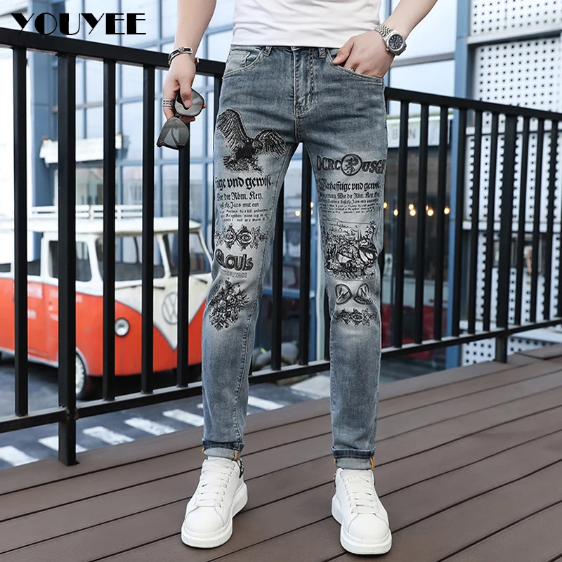 Jeans Men's Slim Fitting Eagle Print Hot Diamonds Designer Fashion Hip-hop Punk Light Color Elastic Straight Man Pants 28-36size