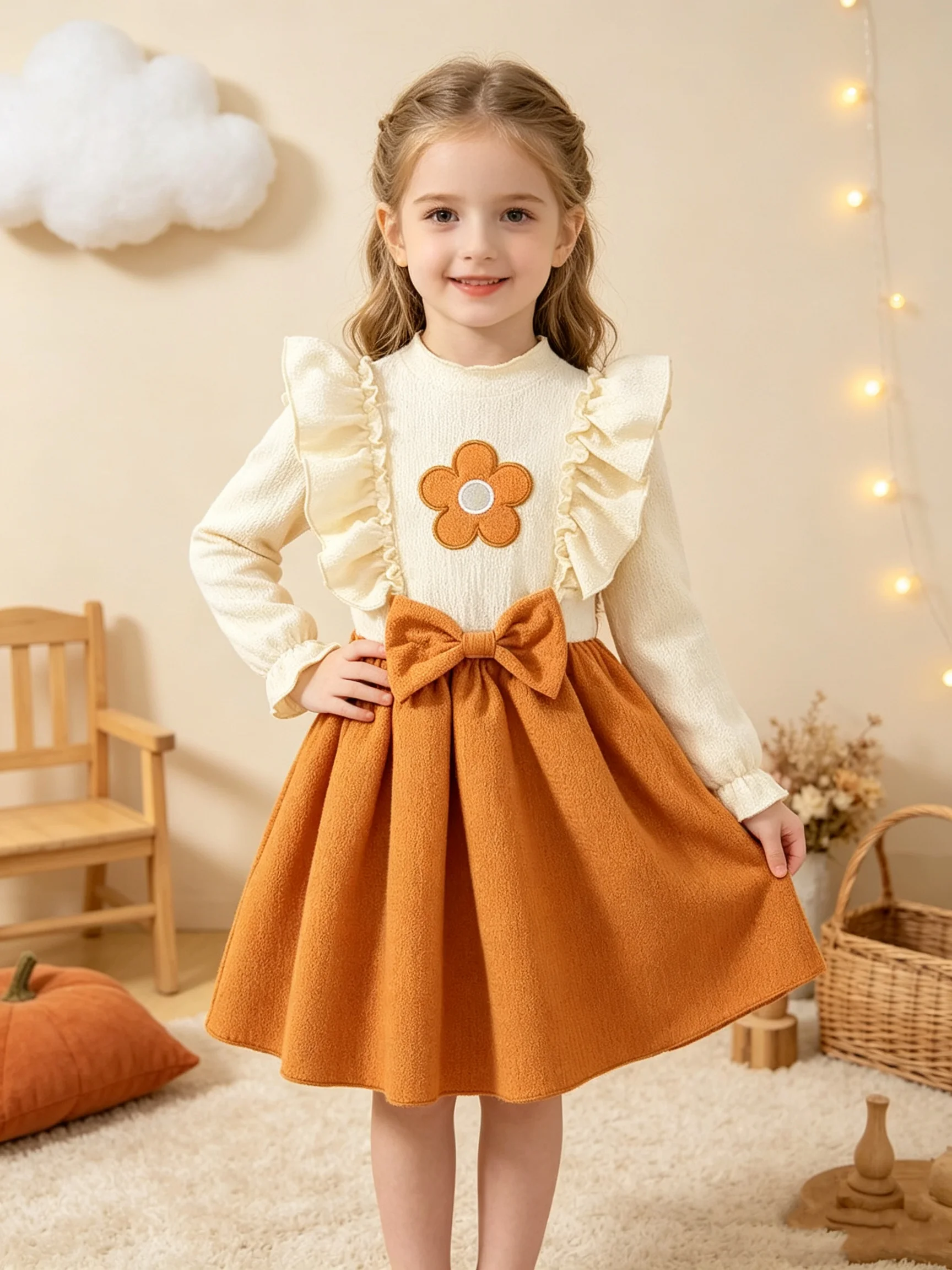 Children's clothing summer fashion elegant long sleeved floral waist bow decoration ruffled collar dress mid length skirt