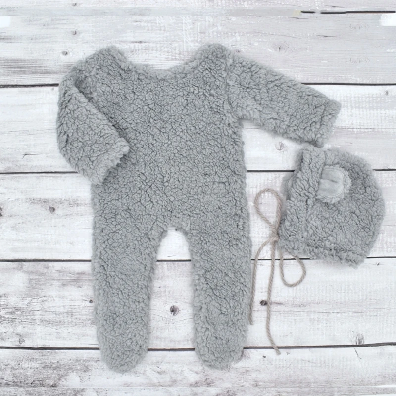 2Pcs Photography Props for Baby Boy Girls Unisex Jumpsuit Bear Ear Hat Footed Romper Newborn Photoshooting Accessories