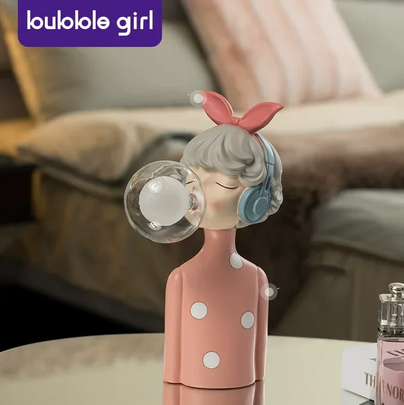 Bubble Girl Resin Statue Ornaments Home Room Table Bedside Lamp Statues Child Bedroom Night Light Decoration Girls Birthday Gift