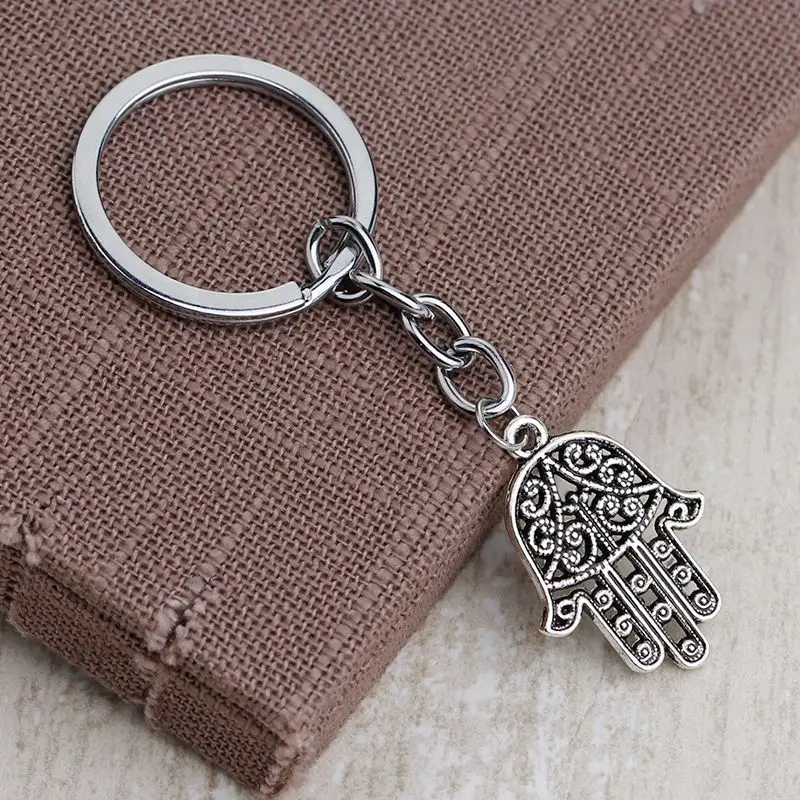 Fashion Hamsa Palm Fatima Hand 28x19mm Pendant 30mm Key Ring Chain Silver Color Men Car Gift Souvenirs Keychain Dropshipping