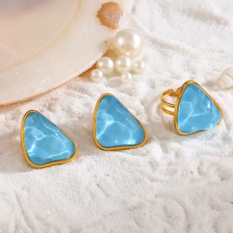 Triangle Stainless Steel Earring Ring Beach Vacation Style Personality Blue Sparkling Ornament Suit Wholesale