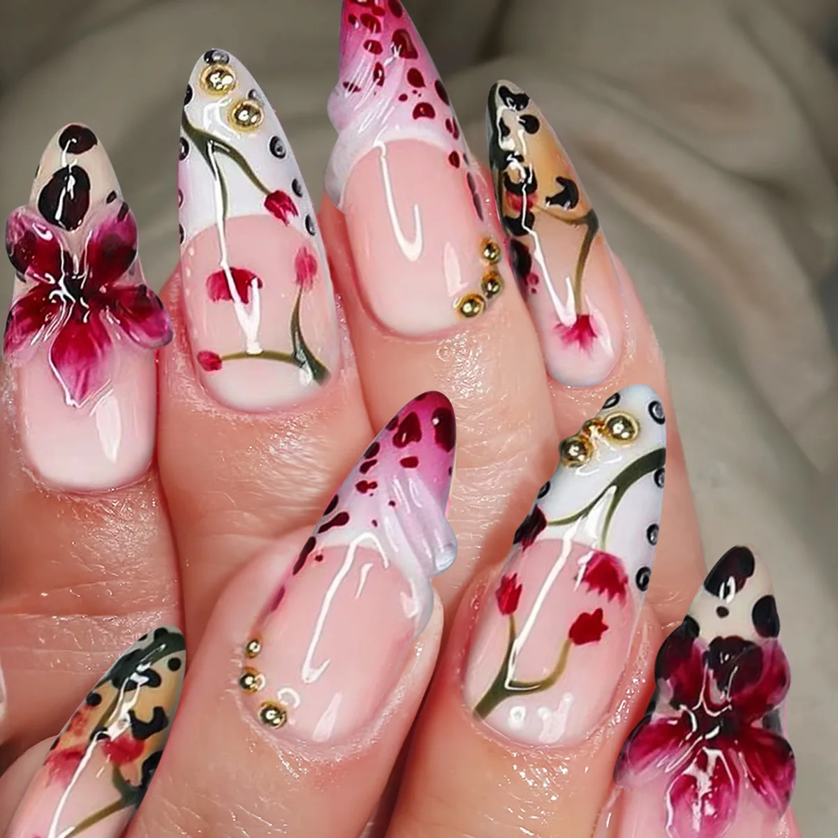 

24Pcs Mid-length Almond False Nails Press on 3D Flower Design Reusable Full Cover Nails Tips with Pink Gradient French Fake Nail