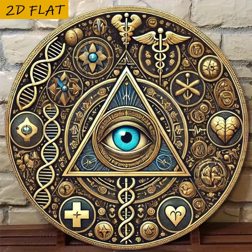 2D Freimaurer 8 Zoll Aluminium Wandkunst-Scheibe - Gold & Blau Mystische Symbole, Pyramide, Allsehendes Auge, DNA, Logenzeichen - Vintage Metall P