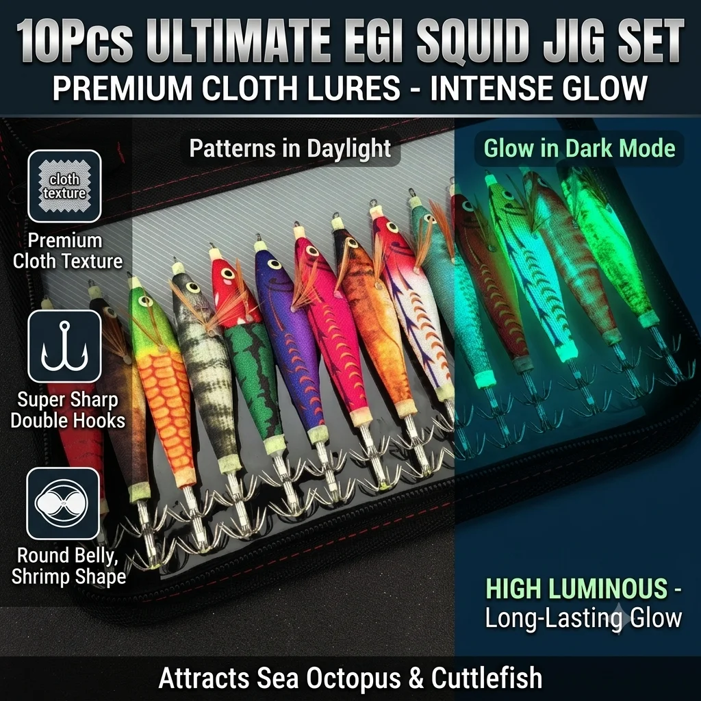 10Pcs Luminous Squid Jig Egi Fishing Lure Set Korean Cloth Glow In The Dark Round Belly Shrimp Bait For Sea Octopus Cuttlefish