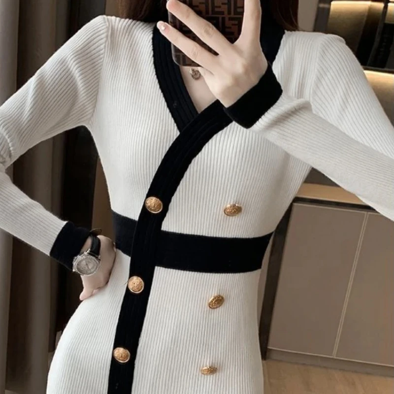 High Quality Luxury Female Knit Dress V Neck White Women\'s Crochet Dresses Black Vintage Kpop Hot Xxl Curvy Autumn and Winter X