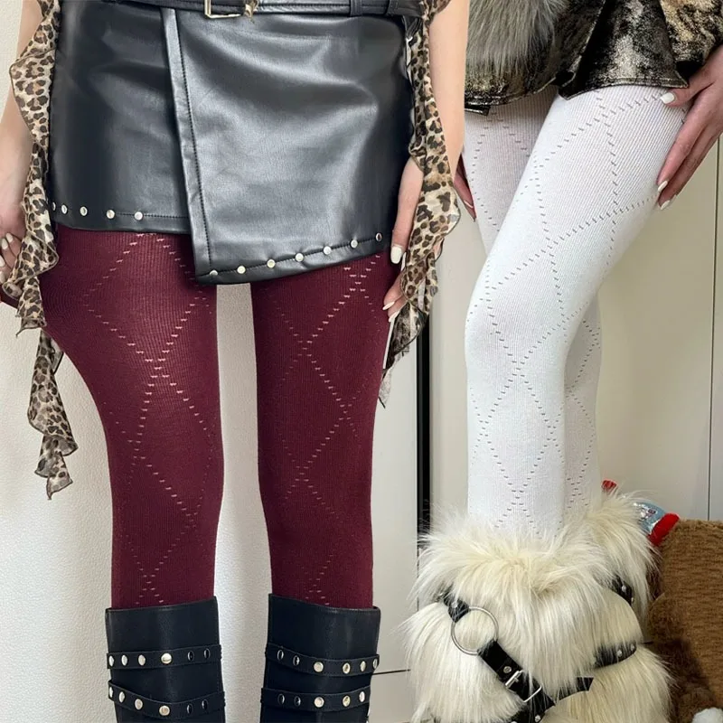 

Korean Retro Jacquard Knitted Rhombus Hollow Pantyhose Warm Korean Base Leggings Autumn Elastic Slim Stockings for Women