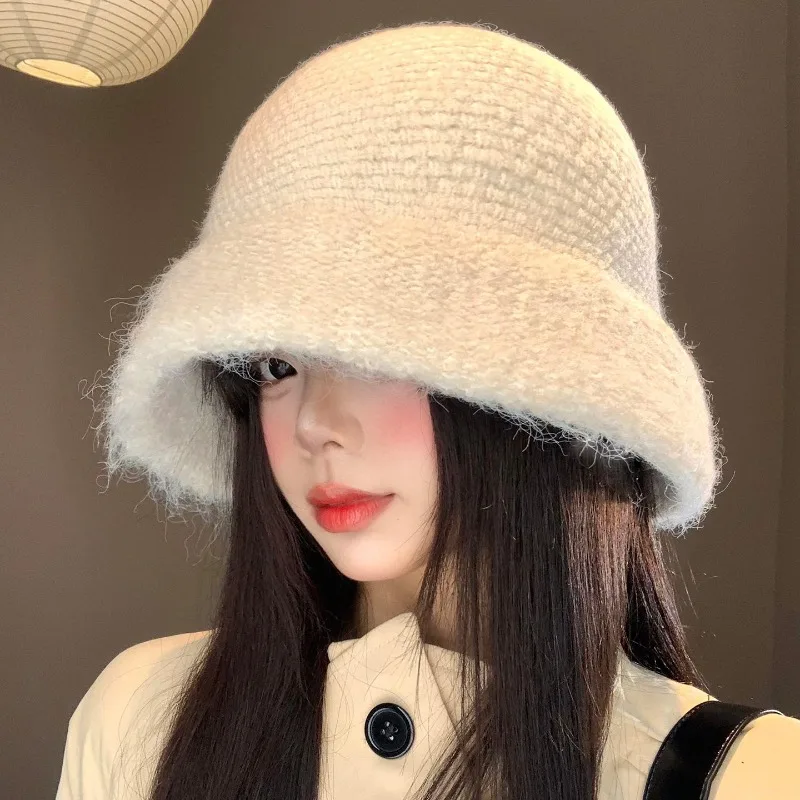 Einfache koreanische Plüsch-Strick-Fischerhut für Damen, warm, elegant, für Herbst und Winter, für große Köpfe, mit breiter Krempe, Kuppel-Eimerhut – Detail 1