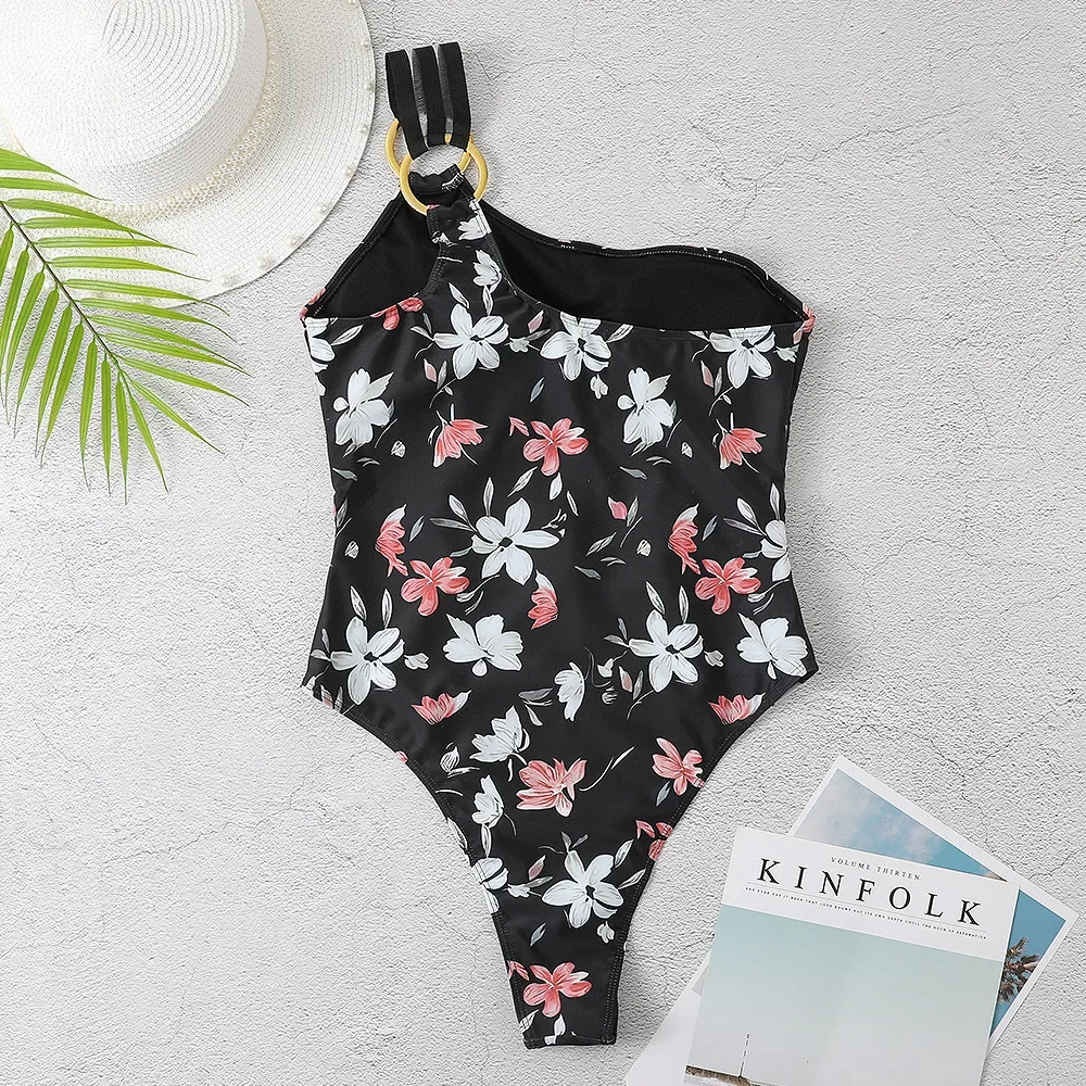Women's Patchwork Print One-Piece Swimsuit Sexy Backless & Slim-Fit Design One Shoulder Summer Floral Thongs Swimsuit Bodysuit
