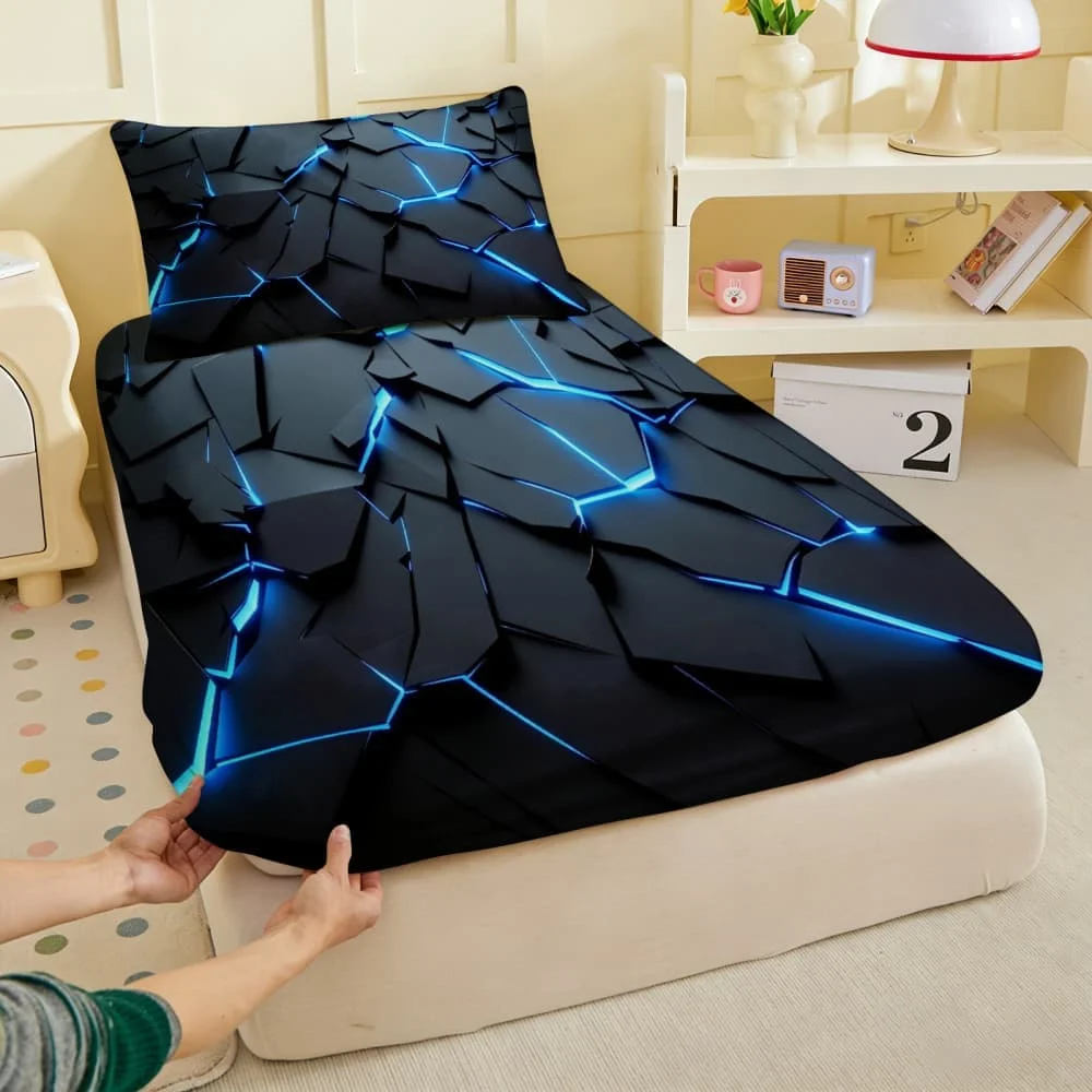 1pc 3D Blue Electric current Tech-Inspired Fitted Sheet Deep Pocket Elastic Mattres Cover Single Double Queen King Bedroom Decor