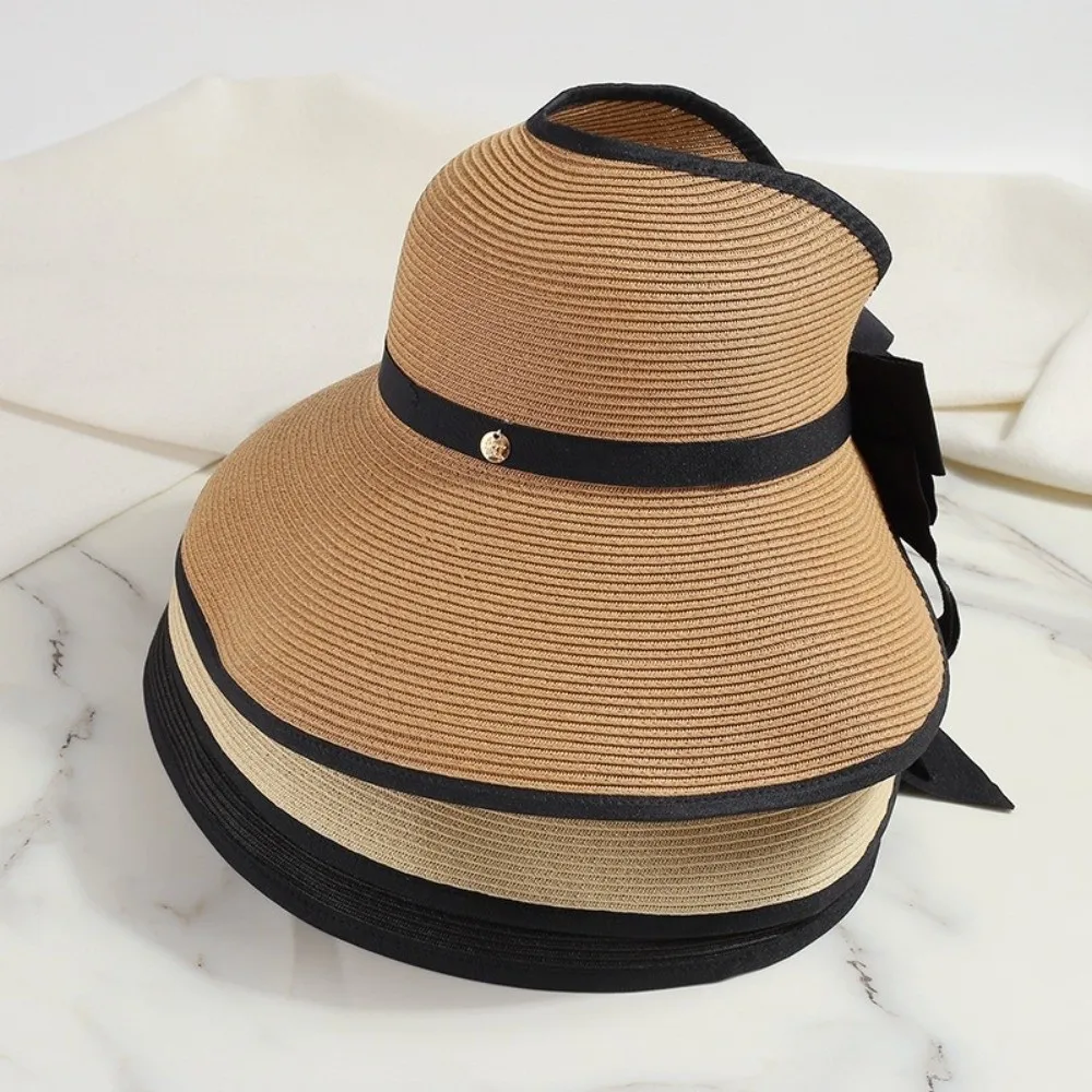 Elegant Round Summer Straw Hat Large Brim Foldable Beach Hat Bowknot Design UV Protection Empty Top Sun Hat for Women