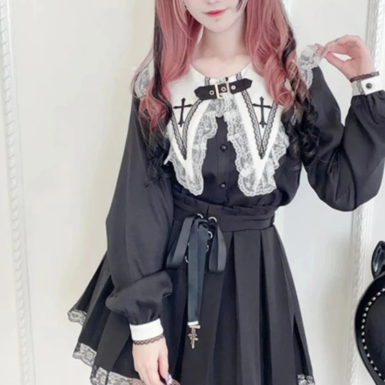 Victorian Gothic Lolita Blouses Japanese Sweet Lace Ruffles Embroidery Sailor Collar Shirt Women Punk Style Y2k Long Sleeve Tops