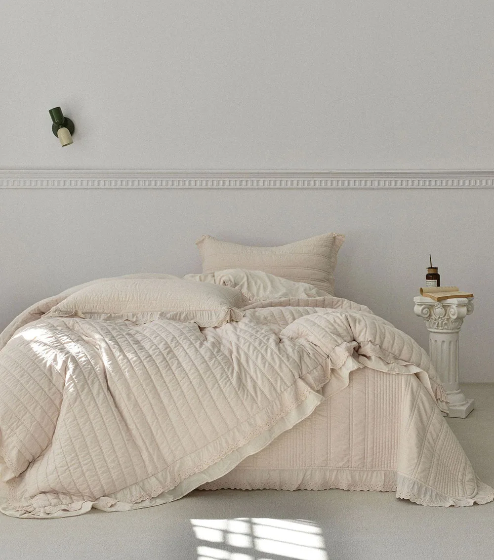 3pcs Bedding Set 100% Cotton Plant Enzyme Washed Quilt Bedspread with Lace, Multifunctional Solid Color Quilted Duvet Cover 1PC