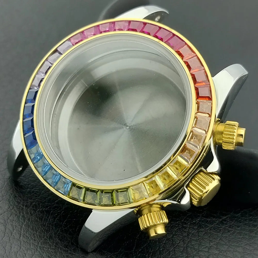 39,3-mm-Gehäuse für Herrenuhren, luxuriös, mit farbigen Strasssteinen, geeignet für das VK-63-Uhrwerk, 28,5-mm-Zifferblatt, Saphirglas, Uhrenzubehör. – Detail 2