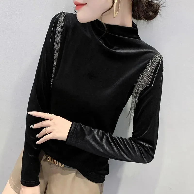 

Fashion Tassel Half Turtleneck Bottoming Shirt for Women in Autumn Winter Style Velvet Slim Fit Versatile Long-sleeved T-shirt