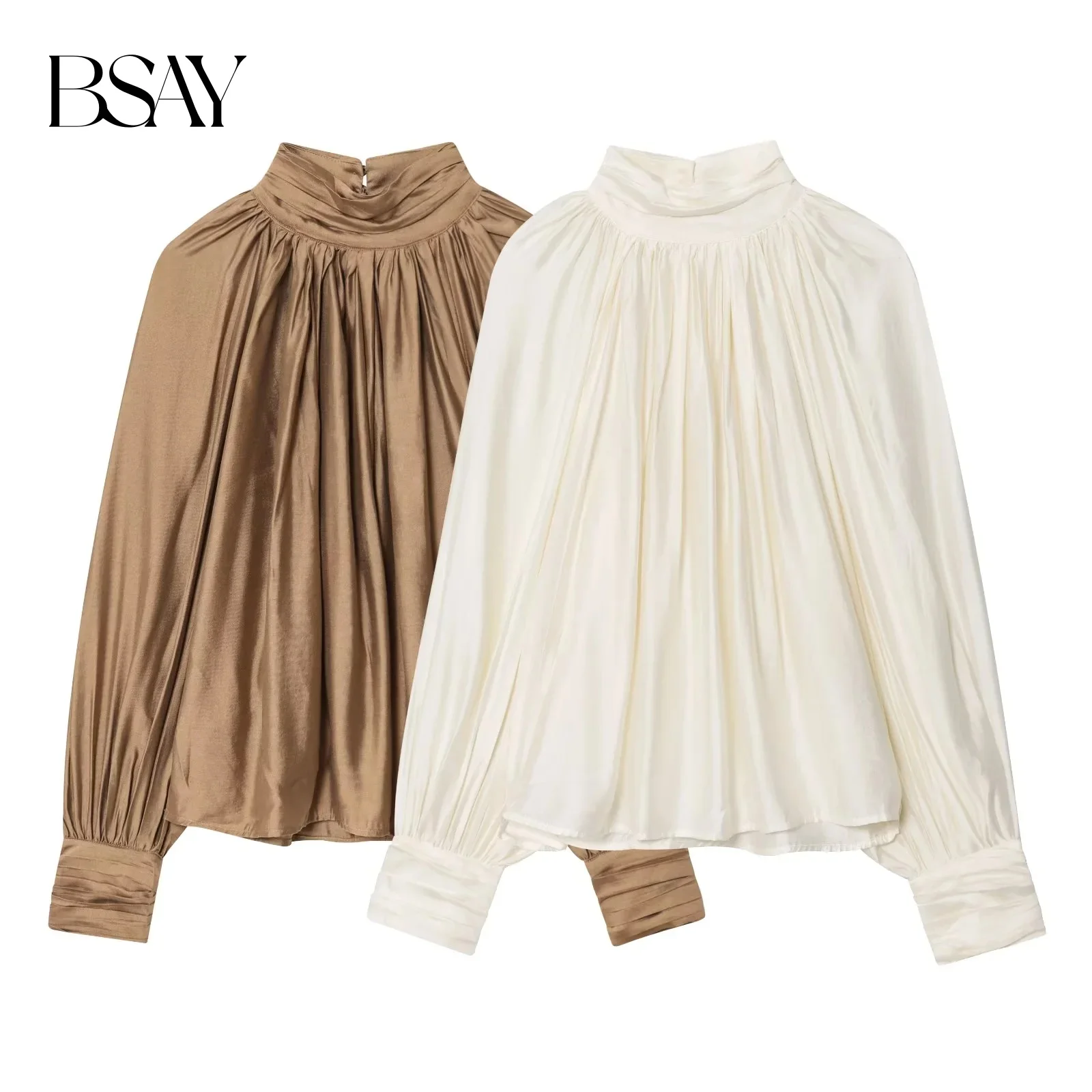 BSAY donna casual versatile temperamento autunno nuovo articolo 2025 colletto rialzato pullover a maniche lunghe con pieghe appese