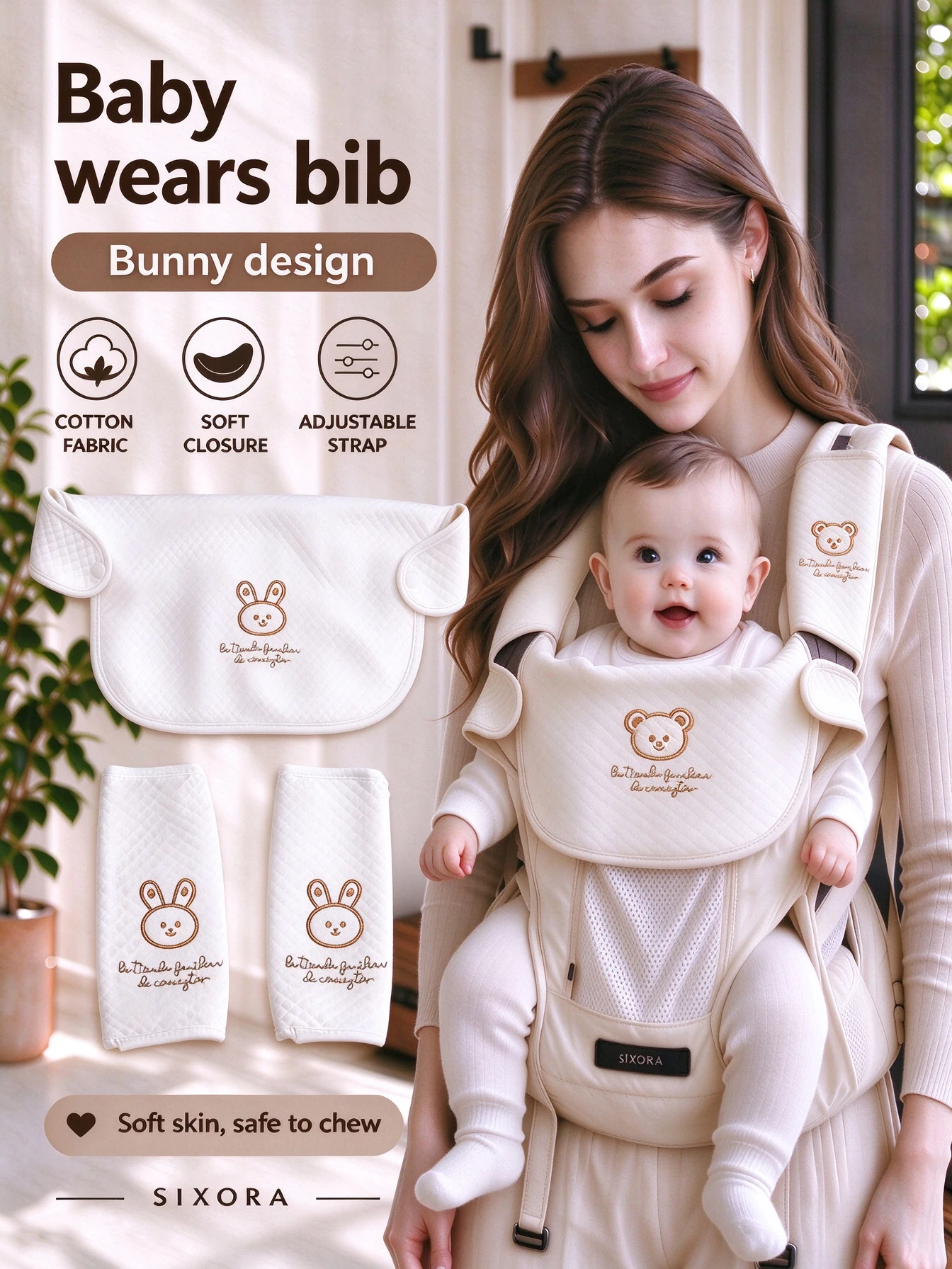 3-Piece Set of Baby Carrier Accessories: Saliva Towel, Baby Hip Seat Anti-Bite Towel, Skin-Friendly and Safe for Sucking, Cartoon Embroidery, Snap-On Style, Removable and Washable, Soft and Skin-Friendly, Does Not Hurt the Skin, Prevents Saliva, Compatible with Various Baby Carriers and Hip Seats