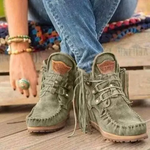 

Vintage Tassel Lace-up Ankle Boots for Women Autumn Winter Pointed Toe Cowgirl Boots Woman Suede Western Cowboy Chelsea Boots