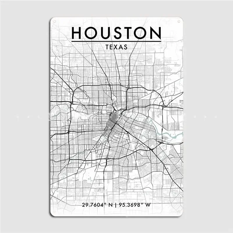 Houston City Map Metal Sign Cinema Living Room Classic Wall Wall Decor Tin Sign Poster