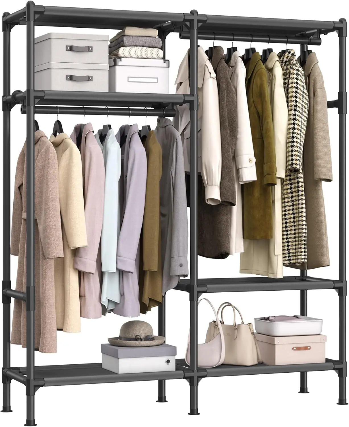 

Heavy Duty Clothes Rack, 65 Inch Freestanding Portable Wardrobe with Hanging Rails and Shelves, Total Load 242 lb