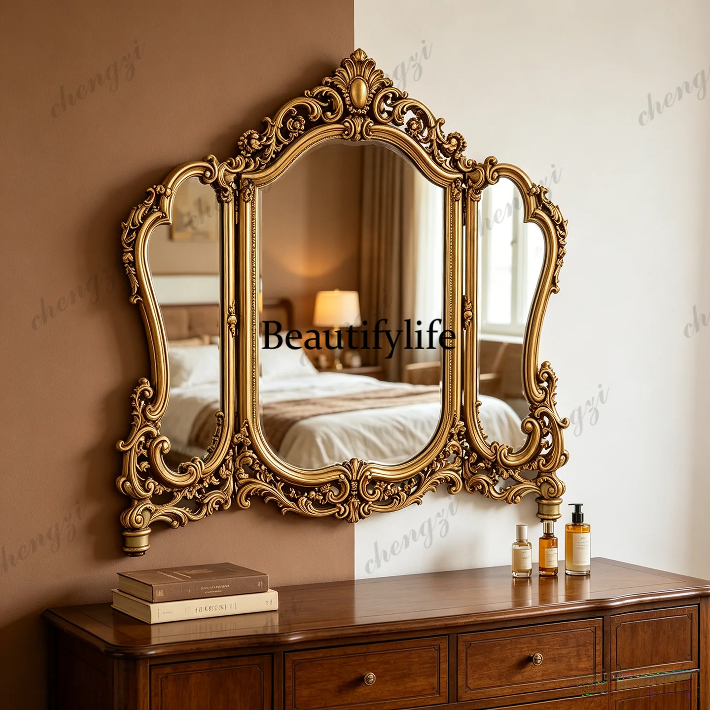 French retro makeup mirror American tri-fold bathroom mirror European desktop folding mirror fireplace