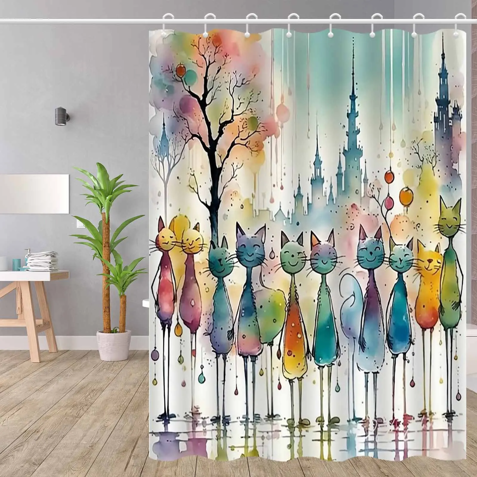 JIT1pcs Hand-painted Artistic Abstract Cat Shower Curtain, High-end Elegant Bathroom Curtain, Bathroom Decoration Pattern