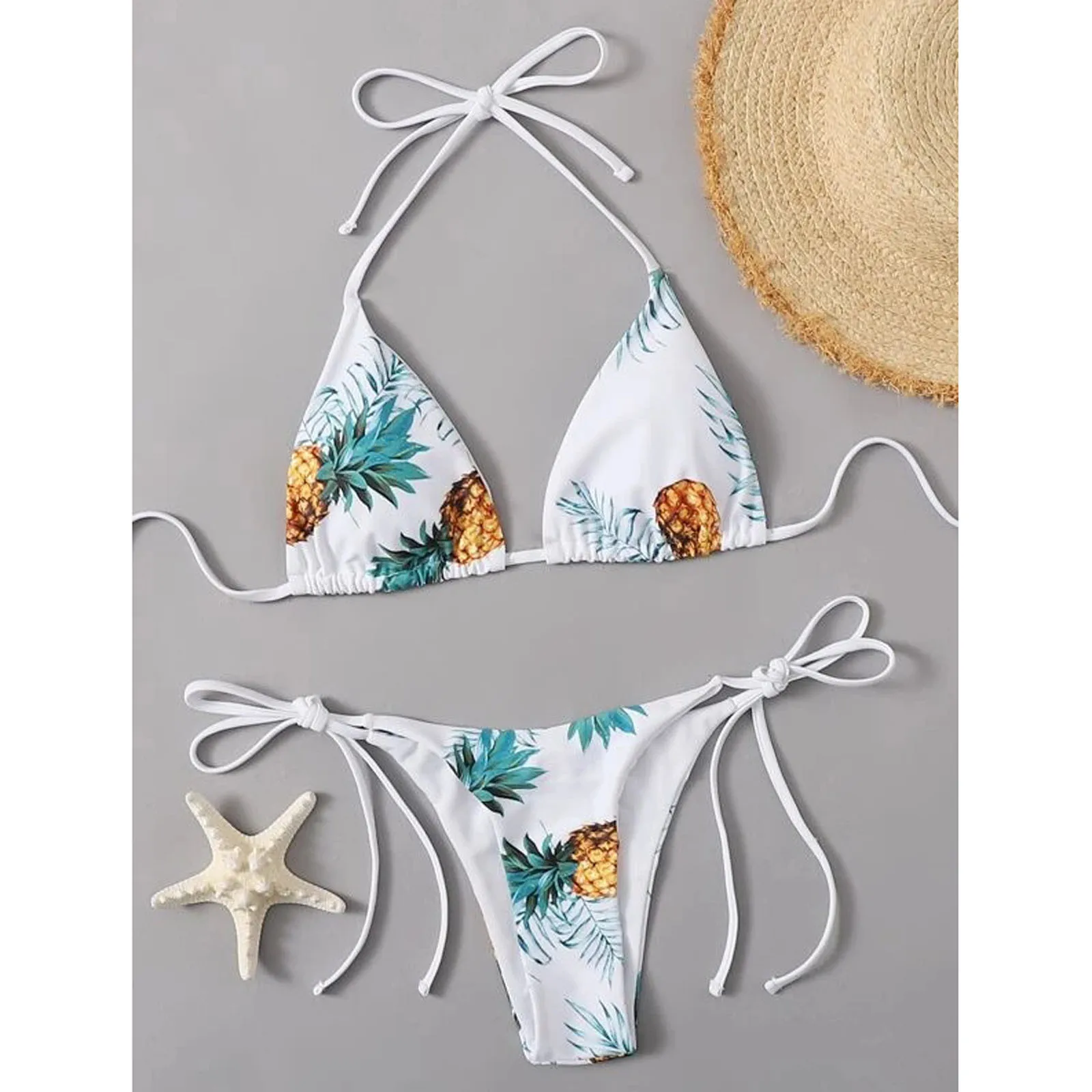 Women\'s Sexy Three Points Bikini Swimsuit Fashion Pineapple Print Swimwear Two Piece Bikini Summer Beach Casual Bikini Beachwear