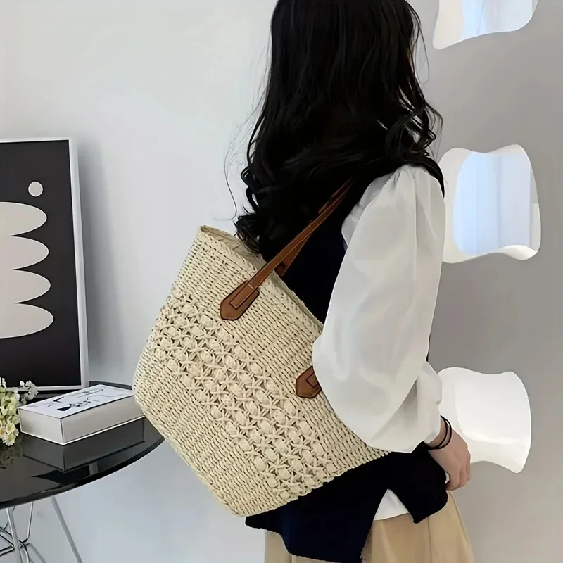 Bolso de mano de paja tejido a mano para mujer, gran capacidad, versátil, cesta de verano para verduras, bolso de hombro
