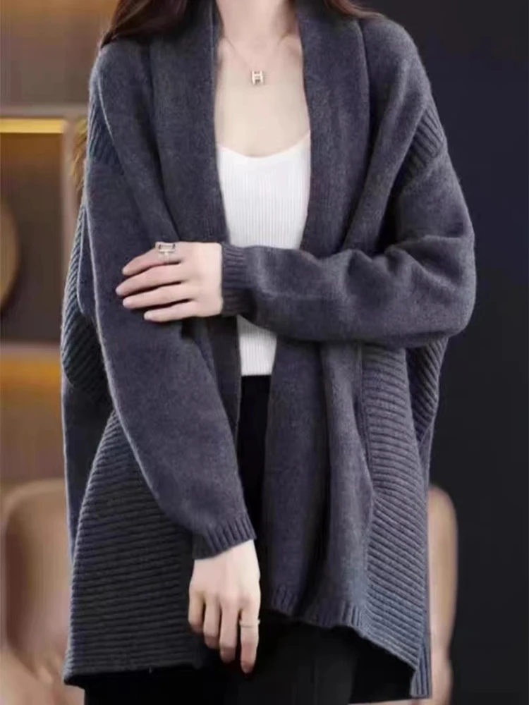 100% Pure Wool Knitted Shawl for Autumn/WinterFashionable New Style Women Lapel Sweater Cardigan Loose Versatile Cape Thick Coat