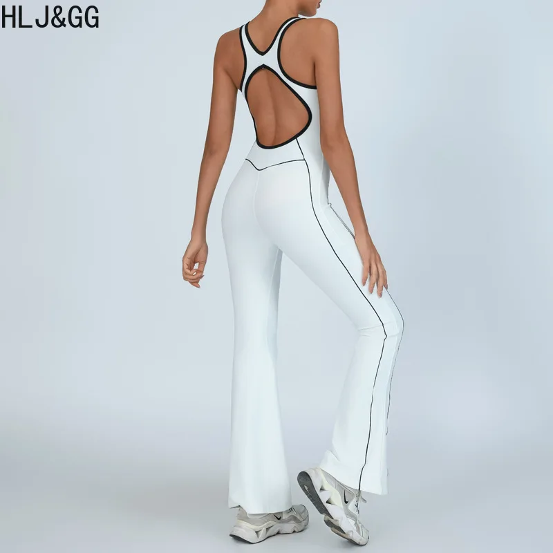 HLJ&GG Fashion Sporty High Quality Stretchy Bodycon One Piece Jumpsuits Women Sleeveless Backless Stitching Flared Playsuit 2025