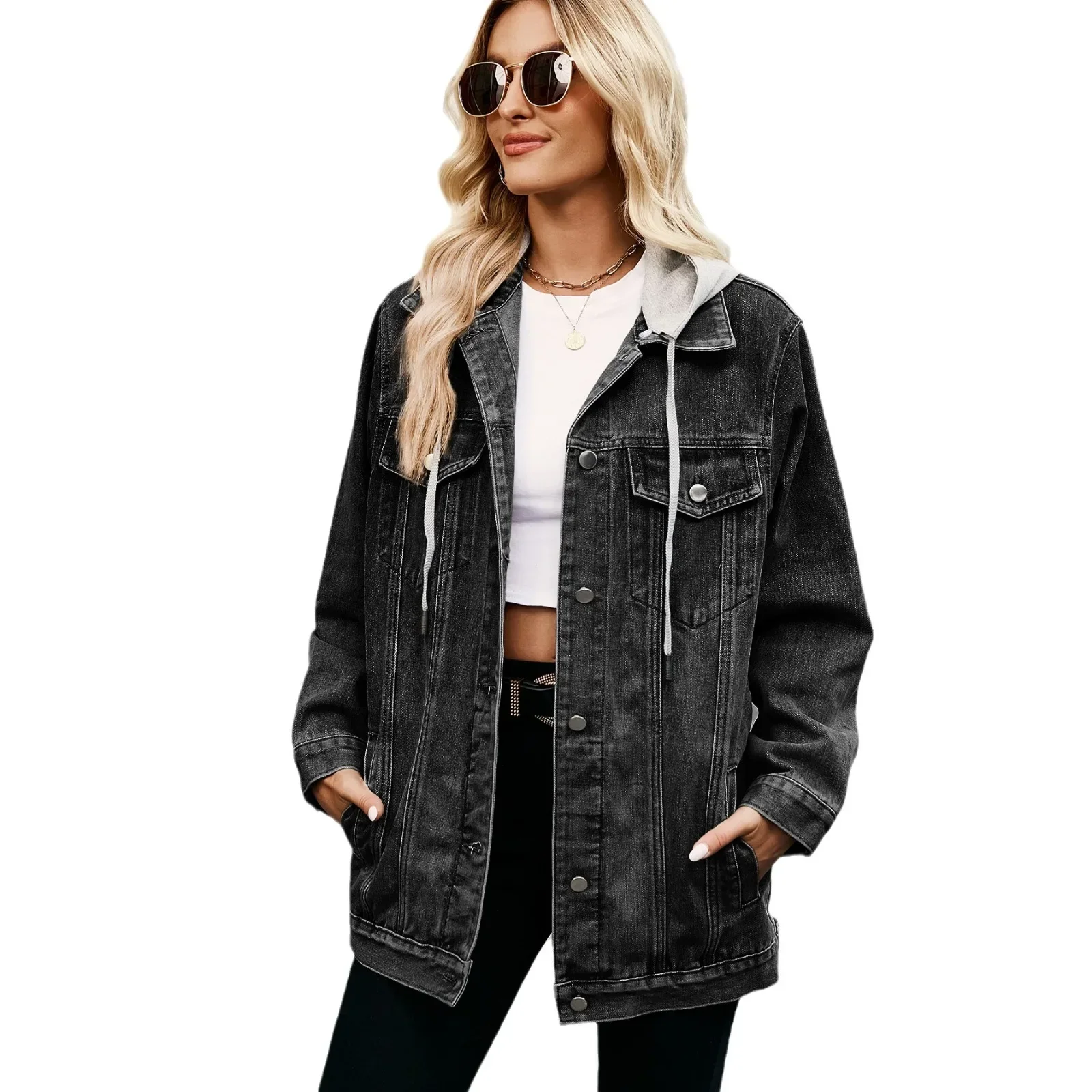 Women Denim Coat Turn Down Collar Jackets Single Breasted Outerwear Cardigan Solid Washing Basics Pockets Button Loose