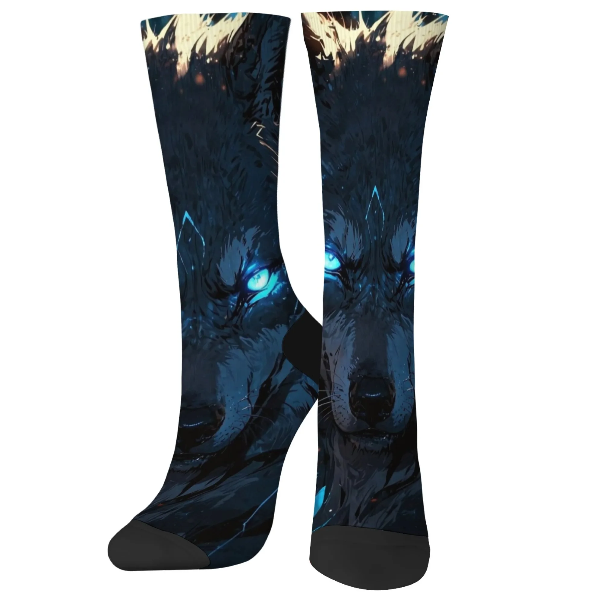 Dark Fantasy – chaussettes mi-mollet loup électrique, reflets tranchants, tissage de loup électrique bleu, cadeau pour tenue quotidienne et rassemblement de niches
