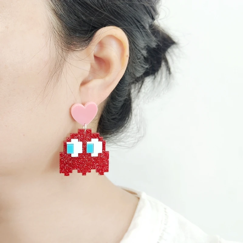 New Pixel Cartoon Drop Earrings for Women Red Glitter Acrylic Trendy Jewelry Girls Kids Cute Accessories