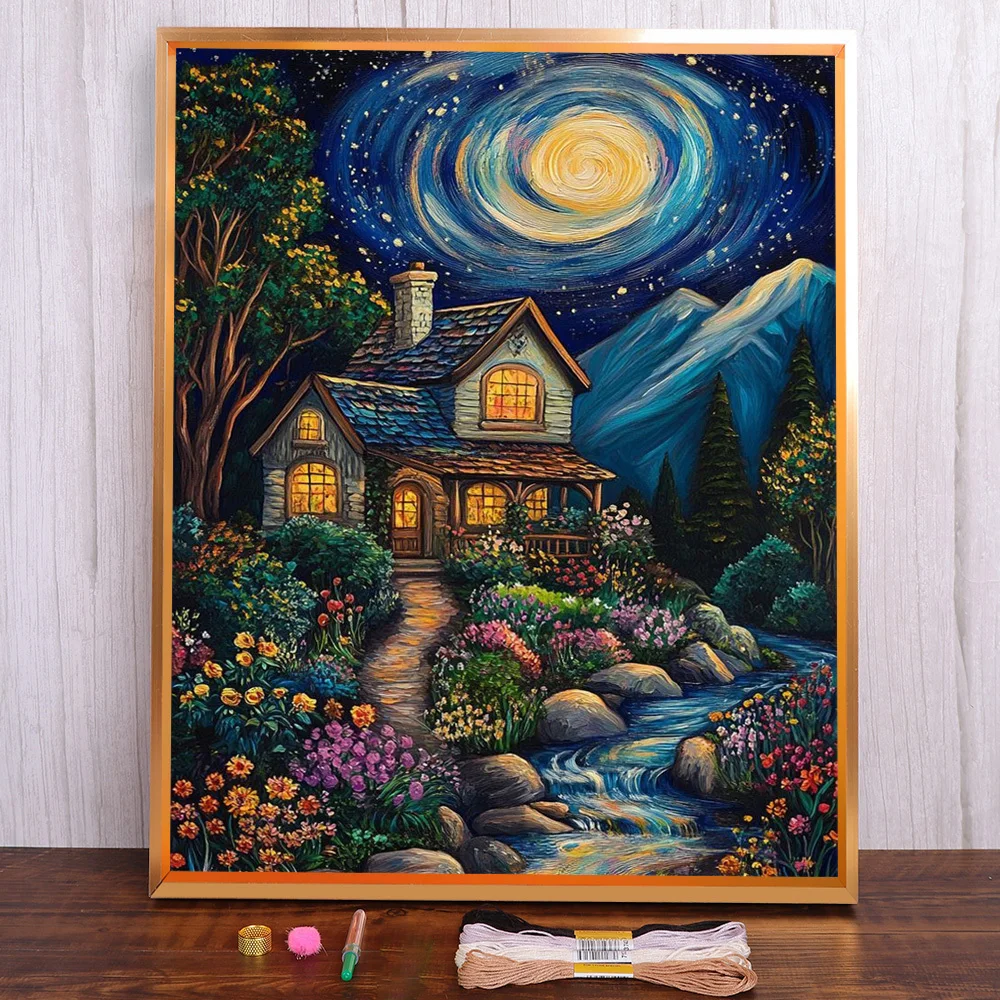 

Landscape Moon Night House Cross-Stitch Complete Kit DIY Embroidery Handmade Handiwork Painting Needlework Floss Magic Gift