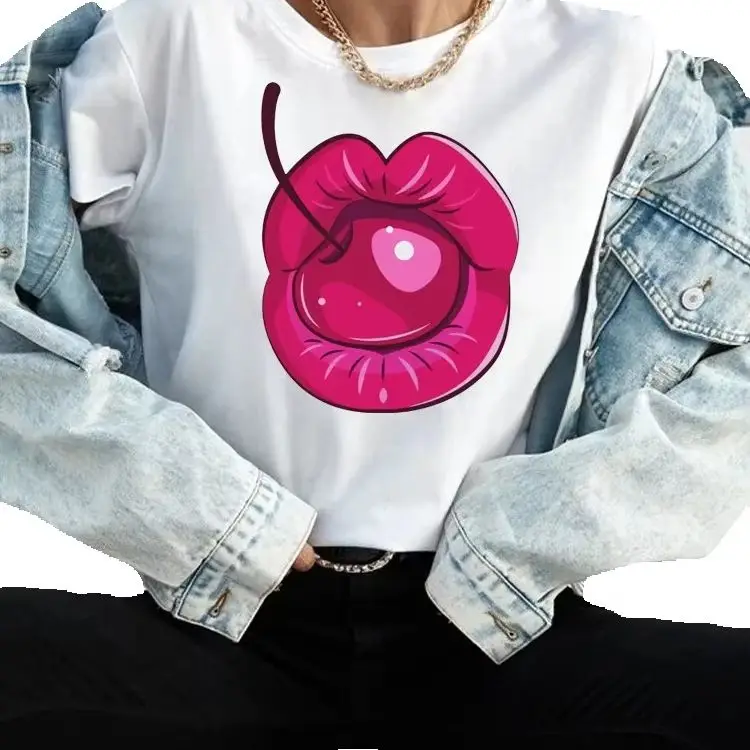 New Women's, Color Lips Large Size Women's Printed Letter-base Shirt Short Sleeve Women's T-shirt Summer polyester fiber fabric