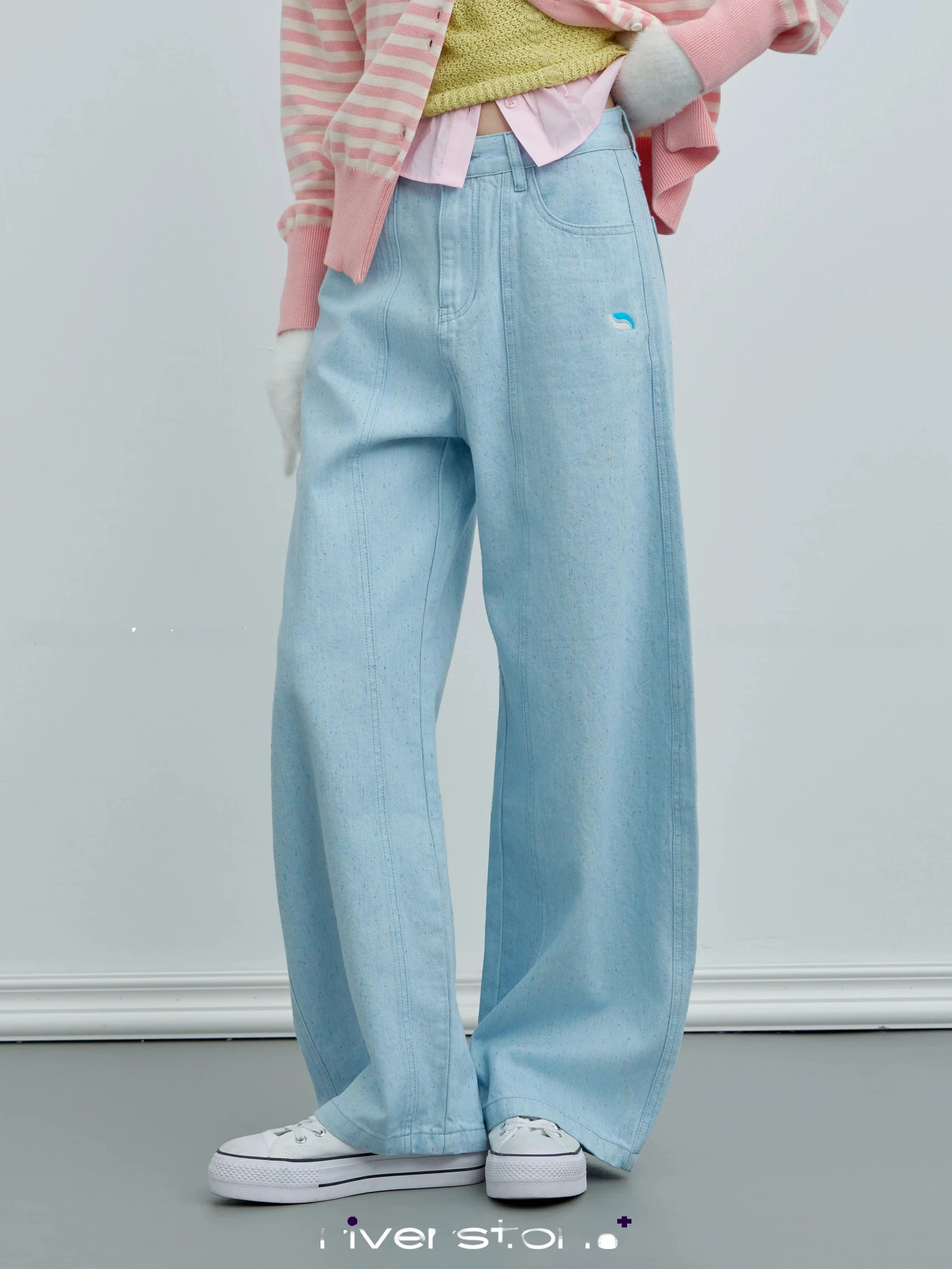 Riverstone plus Casual Denim Jeans Women's Autumn Light Colored Wide Leg Pants Shape with  Dot Pattern Low Waist Cotton