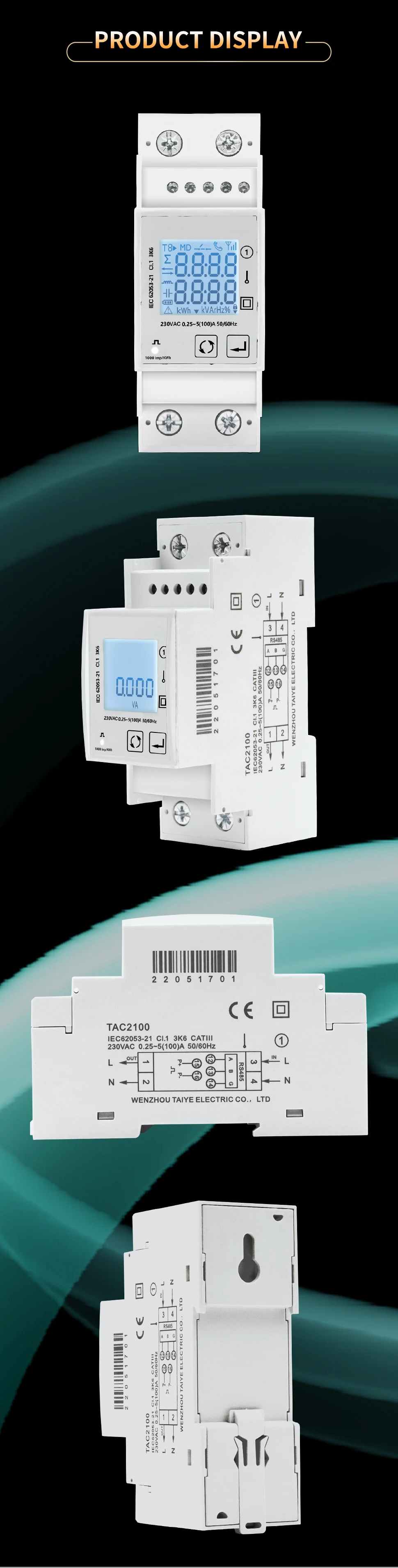 220v Power Single Phase Digital Din Rail Wattmeter Ammeter Voltmeter KwH RS485 MODBUS Electric Consumption Meter TAC2100