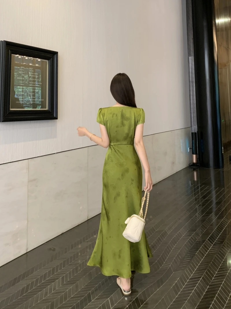 Elegant Vintage jacquard ซาตินแขนสั้น Chic พิมพ์ fairycore Slim ชุดราตรียาว High Street Plus ขนาดเสื้อผ้า