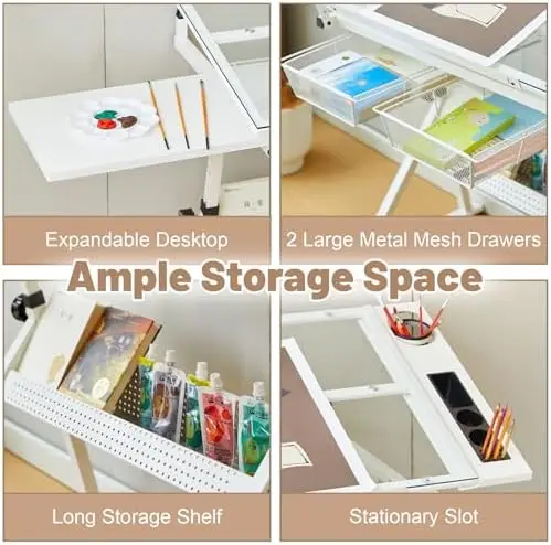 White Drafting Table with Stool Height Adjustable Art Craft Desk with Storage, Tilting Tempered Glass Tabletop view 4