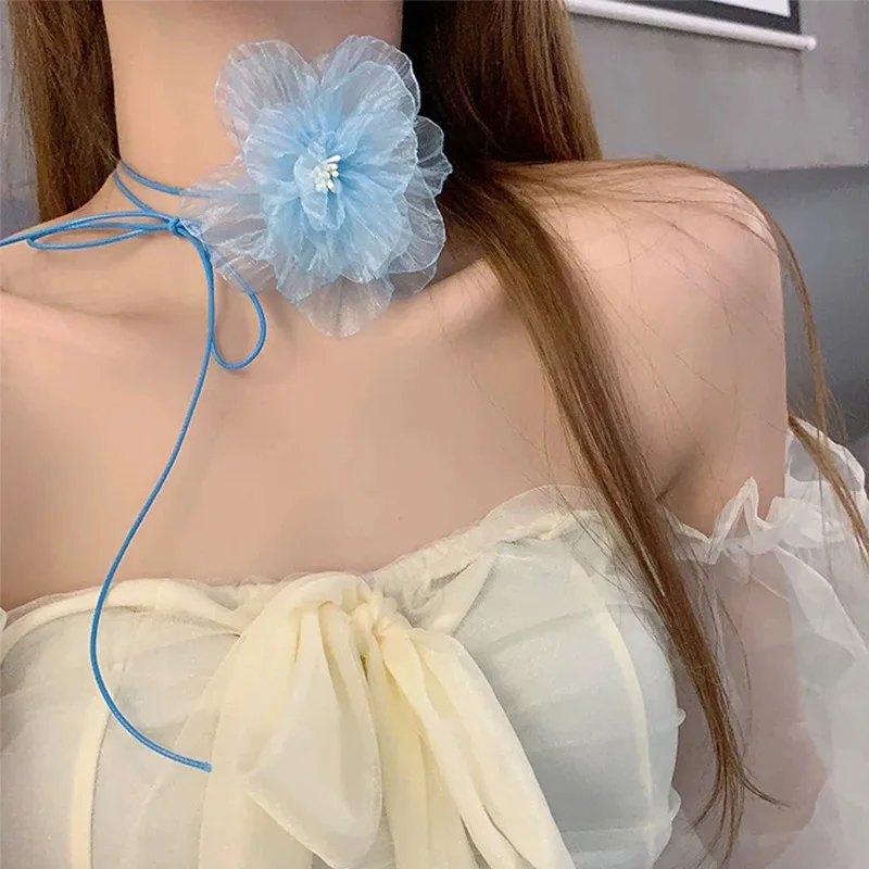 Gentle organza camellia flower strap necklace female niche sweet delicate long neck chain super fairy atmosphere female