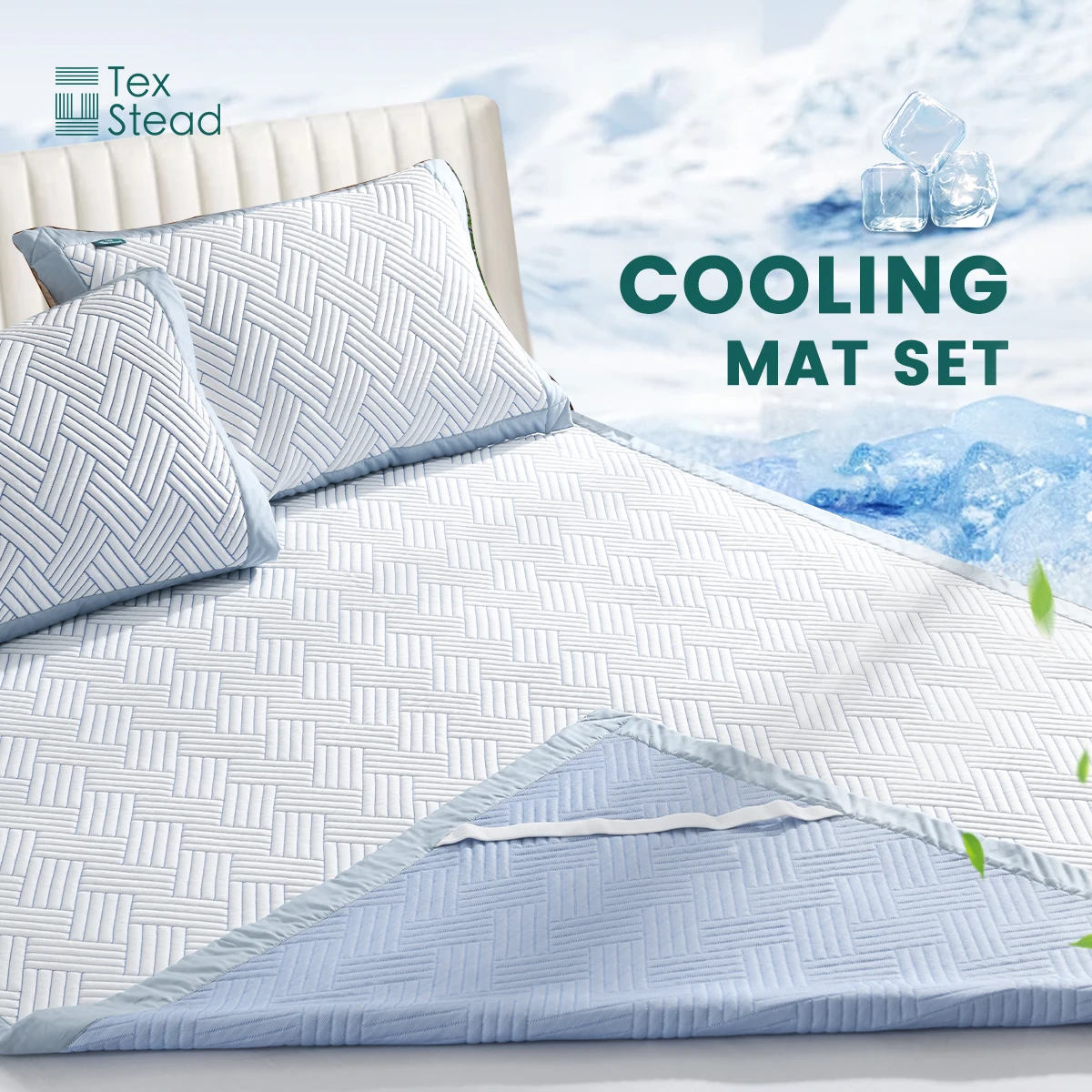 Cooling Air Layer Herringbone Cooling Mat Set, Breathable Moisture Wicking Bed Topper with Pillowcases for Hot Sleepers
