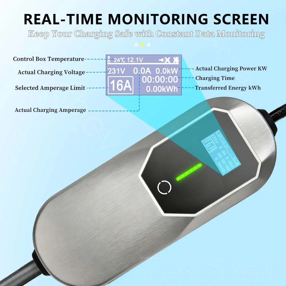 3.5KW 16A Portable EV Charger Type1 Type2 GB/T IP66 Waterproof LED Screen 8-16A Adjustable Timing Charge 3.5M Schuko Plug Home O