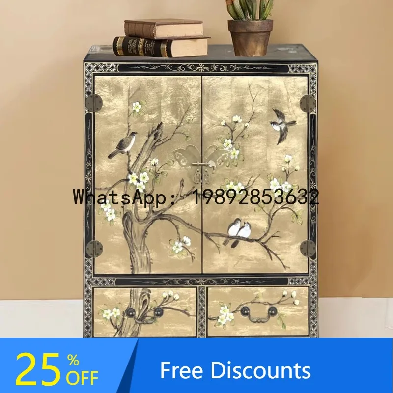 

CZ Chinese Style Solid Wood Gold Leaf Shoe Cabinet Painted Entrance Hall Cabinet Hand Painted Storage Cabinet