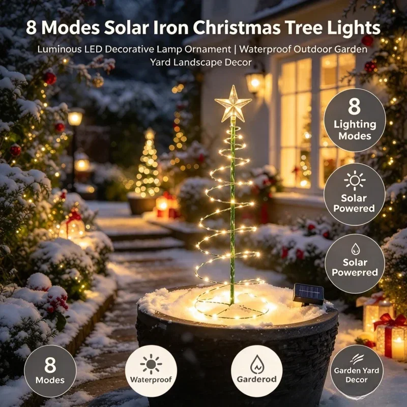Solar Iron Christmas Tree LED Lights 8 Lighting Modes Waterproof Luminous Ornament Lamp for Outdoor Garden Patio Xmas Holiday