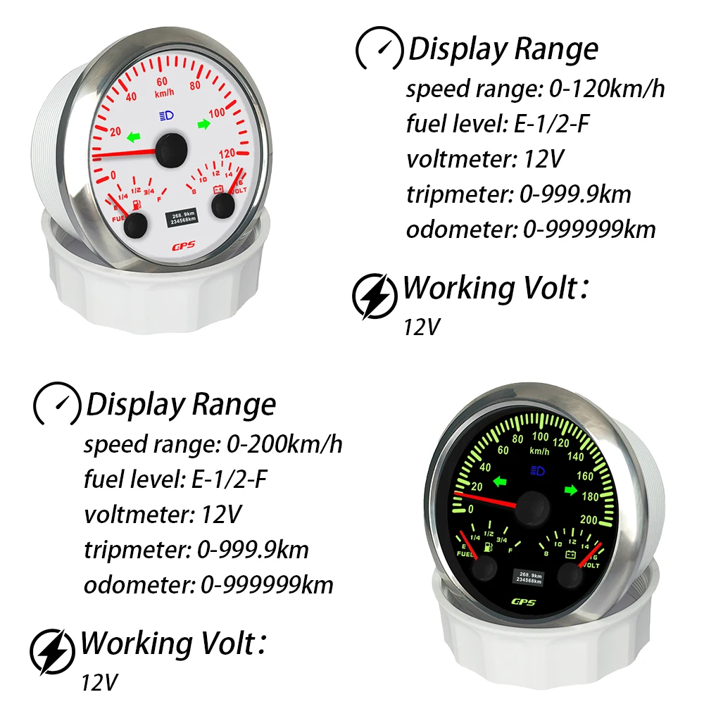 Popular 85mm 3 in 1 Multifunctional 0-120km/h 0-200MPH GPS Speedometer with Fuel Level Voltmeter 7 Colors Backlight for Car Boat